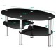 Tempered glass oval coffee table in black with chrome legs and smooth design, ideal for stylish living room use.
