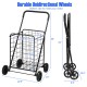 Portable folding shopping cart with a spacious basket, durable steel frame, and large rear wheels for easy.