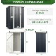 Metal outdoor storage shed dimensions showing a lockable door, 56 cu. ft. capacity, ideal for yard organization.