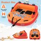 Dimensions of the orange inflatable towable tube for 2 riders, showcasing size details for safe and enjoyable boating.
