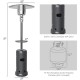 Gray propane standing outdoor heater with table, 87" tall, features wheels for easy transport and safety tilt design.