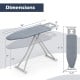 Ironing board with removable silver-gray cover, featuring dimensions and foldable design for easy storage.