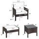Detailed dimensions of the 5 pcs patio rattan sofa set with cushions, including ottomans and tea table for outdoor use.