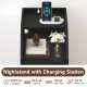 Black side end table with charging station, featuring drawers and a shelf for organized storage and easy device access.