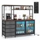 Sideboard buffet cabinet with LED lights, rustic brown finish, featuring wine storage and charging station for.