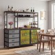 Sideboard buffet cabinet with LED lights, rustic brown finish, featuring wine storage and fabric drawers for organized.