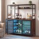Sideboard buffet cabinet with LED lights, rustic brown finish, featuring wine storage and adjustable shelves for.