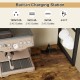 Rustic brown sideboard buffet cabinet with LED lights, charging station, and storage for wine glasses and bottles.