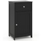 Single door bathroom cabinet in black with adjustable shelf, drawer, and sturdy metal handle for versatile storage.