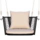 Single person hanging seat showcasing a close-up of the woven rattan backrest and plush cushions, ideal for outdoor.