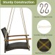 Single rattan porch swing with acacia wood armrests and cushion, featuring durable hanging ropes for outdoor use.