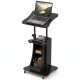 Height adjustable black sit-to-stand laptop desk cart with storage, perfect for home or office use.