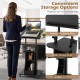 Height adjustable black laptop desk cart with storage, featuring a tilt desktop and four locking wheels for stability.