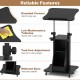 Height adjustable black laptop desk cart with storage, rounded corners, and wheels for easy mobility in any workspace.