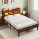 Slatted full bed frame with LED lights, storage headboard, and under-bed space for easy organization and cleaning.