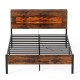 Slatted full bed frame with LED lights, storage headboard, and under-bed space for convenient electronics charging.