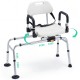 Sliding shower chair with backrest and swivel seat, adjustable height, and non-slip suction cups for safety and comfort.