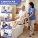Sliding shower chair with backrest and swivel seat, adjustable height, for seniors and handicapped users in a bathroom.