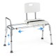 Sliding tub transfer bench with adjustable height, detachable armrests, and safety belt for secure bathing support.