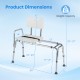 Product dimensions for the sliding tub transfer bench show height adjustment from 33" to 37" and a weight capacity of 330 lbs.