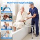 Sliding tub transfer bench with detachable armrests, adjustable height, and safety features for elderly and disabled users.