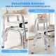 Sliding tub transfer bench with detachable armrests and adjustable height for safe bathing assistance for elderly and disabled users.