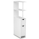 Slim white storage cabinet with two drawers and three open shelves, perfect for space-saving in bathrooms or kitchens.