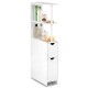 Slim freestanding bathroom cabinet in white with 3 open shelves and 2 pull-out drawers, perfect for space-saving.