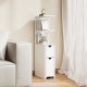 Slim white storage cabinet with open shelves and pull-out drawer, perfect for bathroom or living room organization.