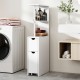 Slim white storage cabinet with open shelves and pull-out drawer, perfect for space-saving in bathrooms or kitchens.