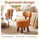 Curved backrest small footrest stool in orange faux leather with rubber wood legs, ideal for living rooms or bedrooms.