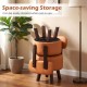 Stackable orange footrest stools with backrest, featuring faux leather and rubber wood legs for living room or bedroom.