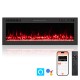 Wall-mounted 50-inch smart WiFi electric fireplace with adjustable flame colors and 750W/1500W heating options.