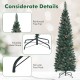 Snowy 5 ft artificial pencil Christmas tree with pine cones, featuring a foldable metal stand for stable support.