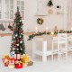 Snowy 5 ft artificial pencil Christmas tree with pine cones, decorated with ornaments and surrounded by colorful gifts.