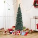 Snowy 5 ft artificial pencil Christmas tree with pine cones, surrounded by festive gifts for holiday decoration.