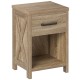 Natural nightstand with drawer and open shelf, featuring farmhouse style and protective foot pads for floor protection.