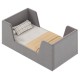 Gray soft velvet toddler bed frame with safety rails and wooden slats for stability, ideal for young children's rooms.
