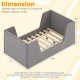 Toddler bed frame in gray soft velvet with safety rails and wooden slats, designed for ages 18 months to 5 years.