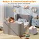 Toddler bed frame in gray soft velvet with safety rails, featuring sturdy wooden slats for stability and comfort.