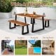 Acacia wood patio bench with metal legs, showcasing a polished surface for contemporary outdoor dining.
