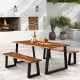 Solid acacia wood patio dining bench with metal legs, showcasing a polished surface for contemporary outdoor decor.