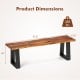 Solid acacia wood patio dining bench dimensions with metal legs, stable for 385 lbs, showcasing a polished surface.