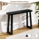 Narrow black console table with 43" x 12" solid rubber wood top and stable base, ideal for entryway or hallway use.