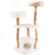 Solid wood cat tower with plush cushions, jute scratching posts, and a top cattail basket for indoor cats.