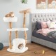Solid wood cat tower featuring a top cattail basket, plush cushions, and jute scratching posts for indoor cats.
