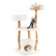 Middle platform of the solid wood cat tower with plush cushions and jute scratching posts for playful indoor cats.