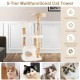 5-tier solid wood cat tower featuring a hand-woven cattail basket, plush cushions, and jute rope scratching posts for.