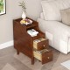 Narrow solid wood end table in brown with pull-out tray and two storage drawers, perfect for bedside essentials.