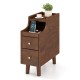 Narrow brown solid wood end table with pull-out tray, two drawers, and cable management for bedside convenience.
